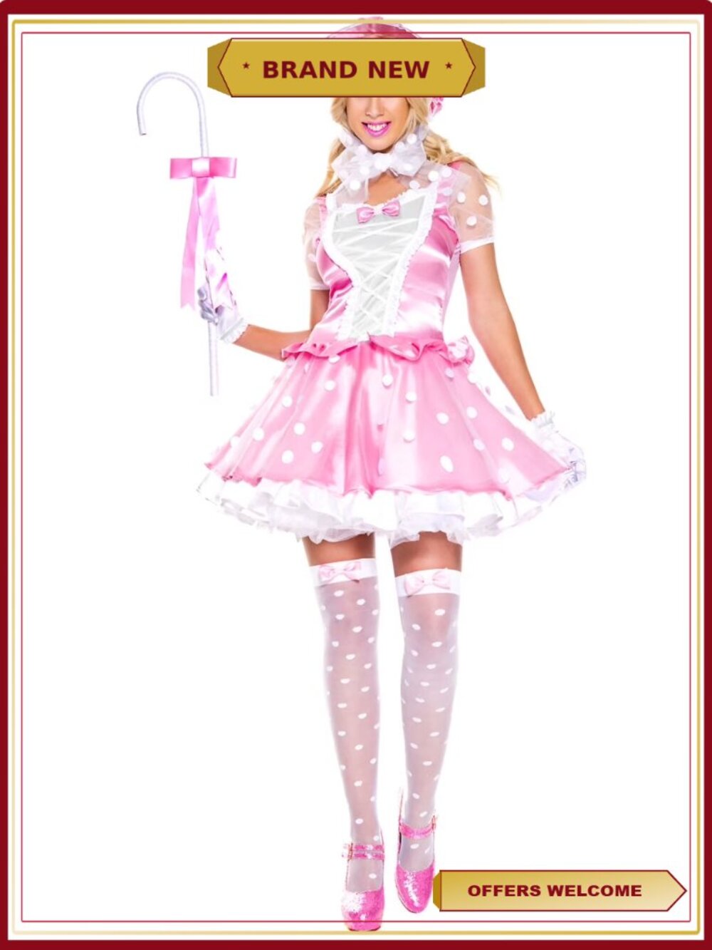 Little Bo Peep Costume Dress Set with Hat Gloves Thigh Hi Crook S-M